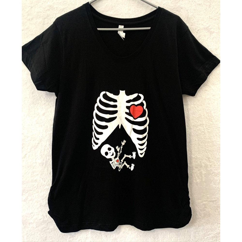 Live And Tell Women's Maternity T Shirt Skull & Baby Heartbeat Black Ruche Sz L